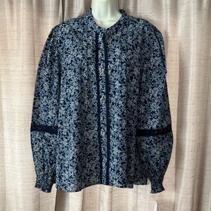 Boho Floral Cotton Peasant Blouse Gold Tone Buttons Lace Trim Sz 3X Navy NWT
